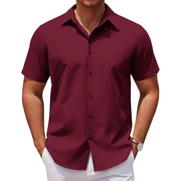 Solid Red Men Casual Short Sleeve Button Down Untucked Wrinkle Free Shirt - Picture 1 of 5